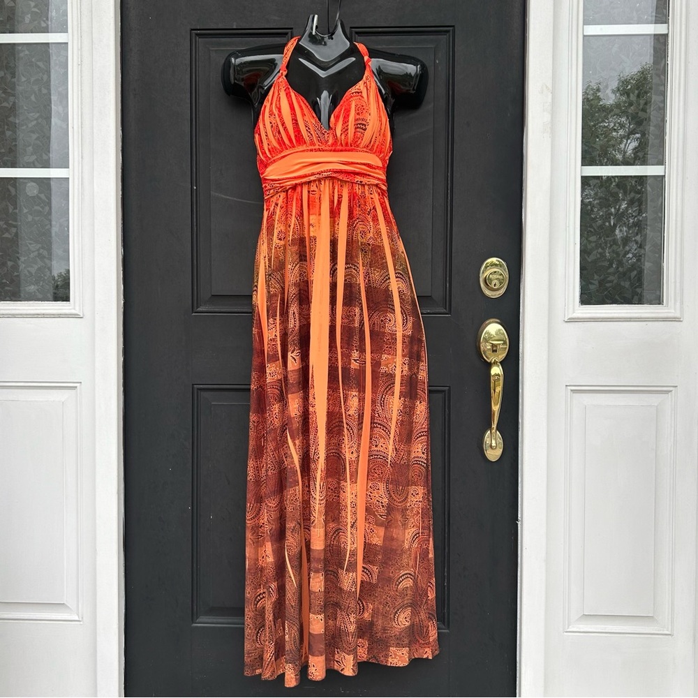 Burnt Orange Print City Triangles Maxi Dress Halter Size Medium